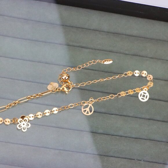 "Rose Gold Anklet with Flower & Peace Charms, XPAL1171 - Picture 9 of 12